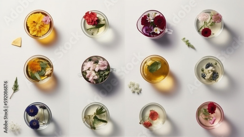 Collage of glasses of different kinds of tea with flowers on white background.generative ai