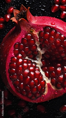 Detiled Red Pomegranate Apple Fruit – fresh raw organic natural food ingredients with dewdrops photographed on a dark background photo