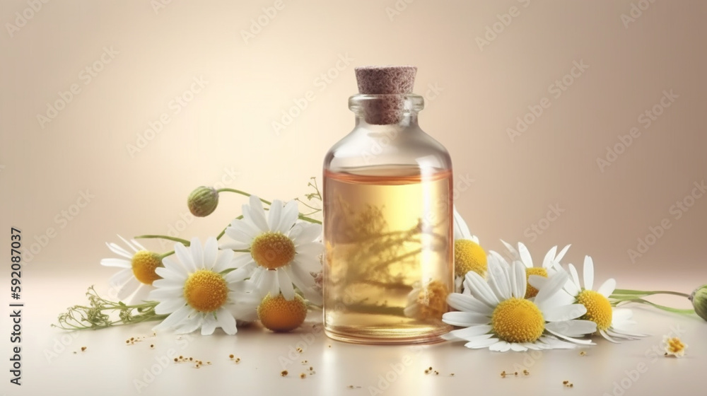 Chamomile essential oil in a glass bottle with fresh chamomile flowers.generative ai Chamomile essential oil in a glass bottle with fresh chamomile flowers.generative ai