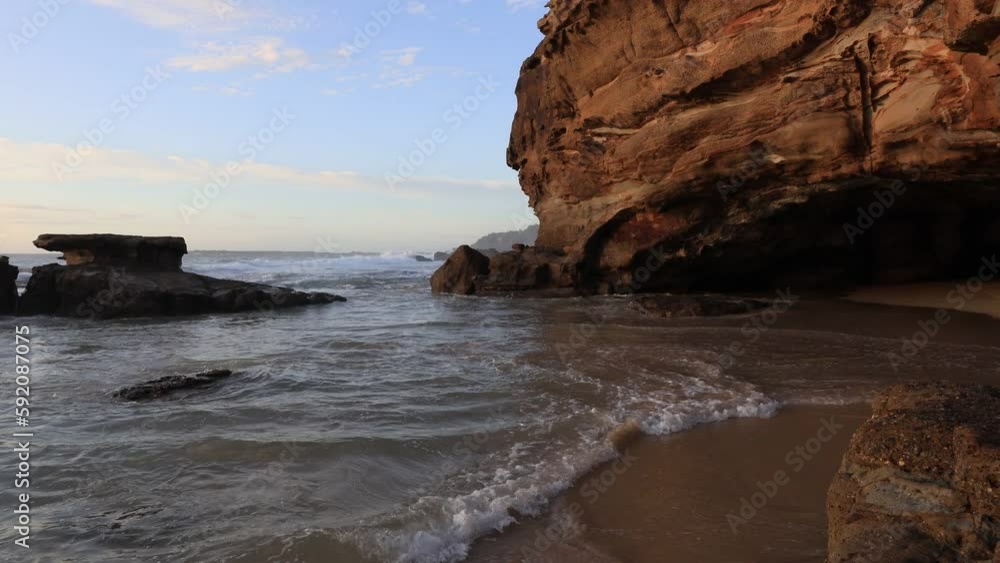 Sunrise in Caves beach on Pacific of Australia at cave entry 4k time lapse.
Sunrise in Caves beach on Pacific of Australia at cave entry 4k time lapse.