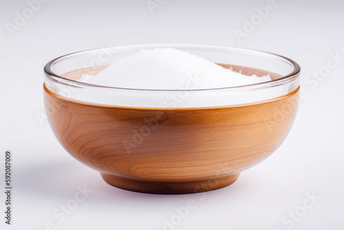 White powder in a wood and glass bowl isolated on white. AI generated.