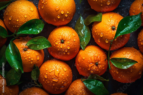 Fresh mandarin background, adorned with glistening droplets of water. Top down view. Soft shadows. Generative AI