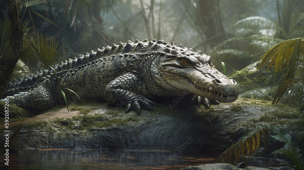 Fototapeta premium Crocodile in the rainforest. Tropical crocodile.generative ai