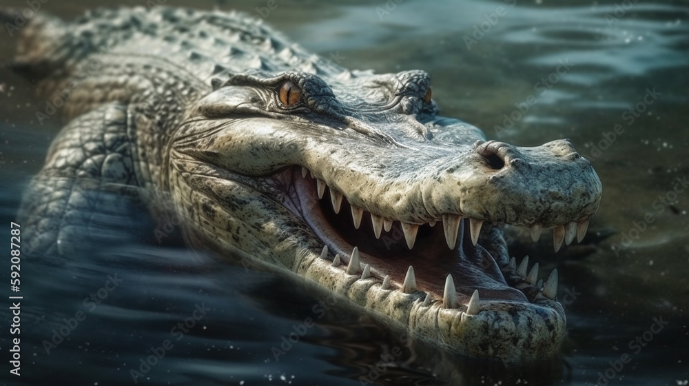 Fototapeta premium Crocodile in the rainforest. Tropical crocodile.generative ai