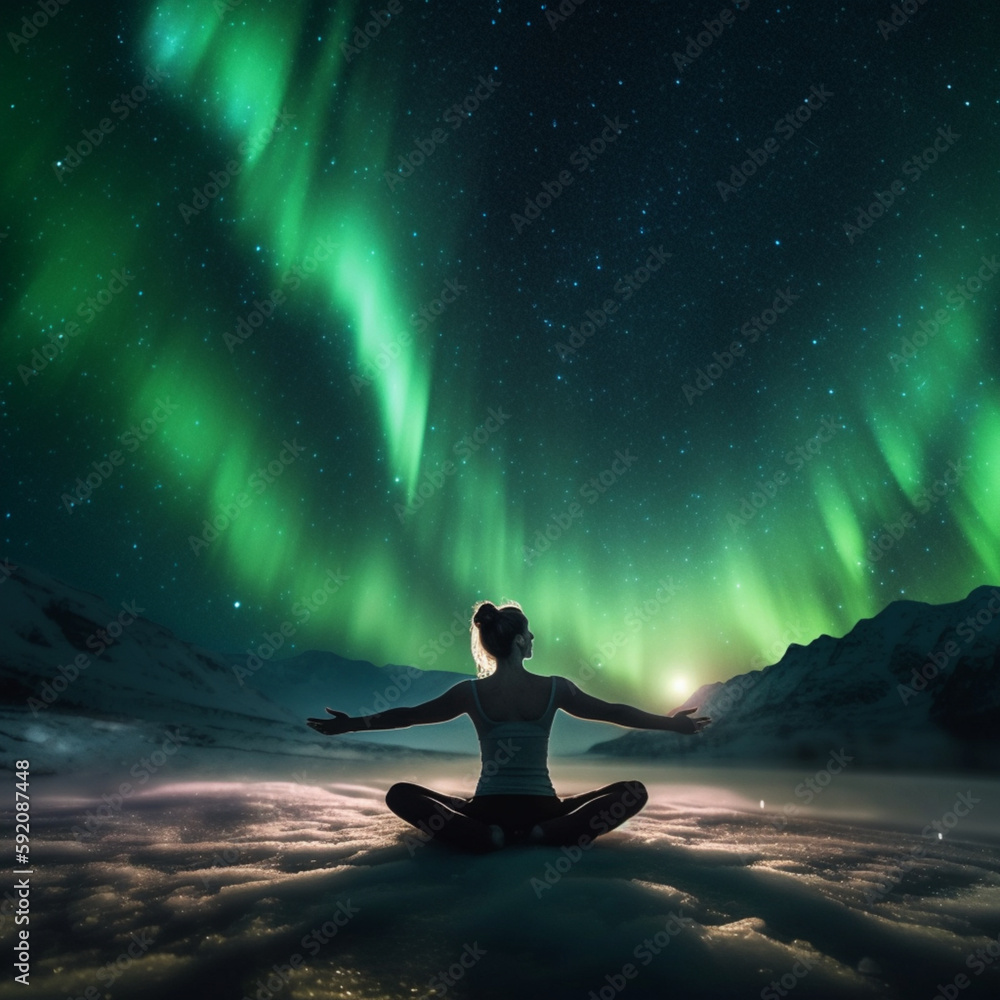 Tune into Inner Peace: Yoga Amidst the Northern Lights
(woman doing yoga against a backdrop of the aurora borealis Conceptual art, cinematographic, Aerial view)