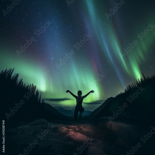 Northern Lights Yoga: Finding Serenity in the Dancing Skies
(woman doing yoga against a backdrop of the aurora borealis Conceptual art, cinematographic, Aerial view)
