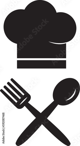 Chef hat, cook icon, kitchen and restaurant symbol, fork and spoon, catering culinry, black silhouette. Food illustration
