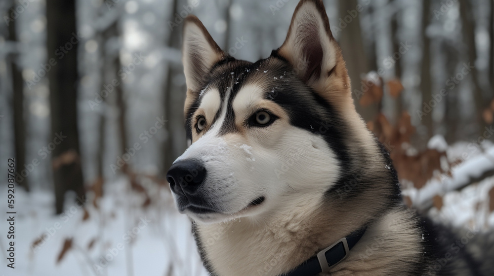 Portrait of a beautiful Siberian Husky dog in winter forest.generative ai
