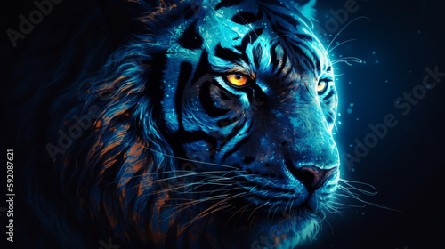 Tiger head with blue neon light. Abstract background.generative ai