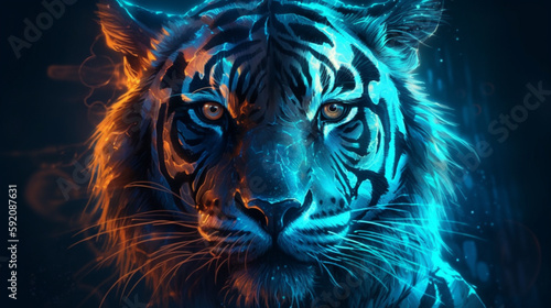 Tiger head with blue neon light. Abstract background.generative ai