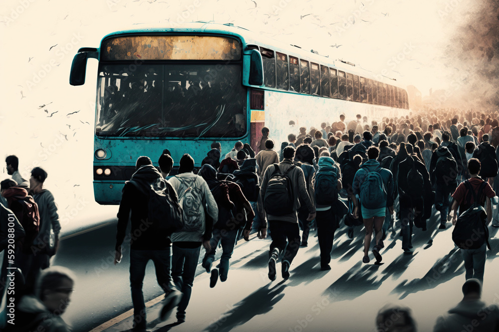 Crowd of people running after the bus back view, created with ...