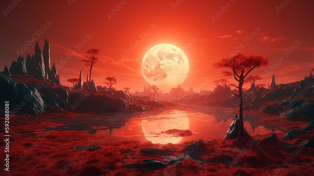 Fantasy landscape with trees and a full moon.generative ai