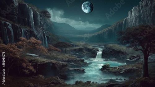 Fantasy landscape with planet earth and waterfall. generative ai