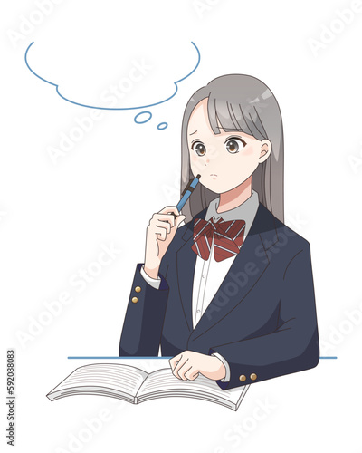 勉強中にモヤモヤしている女子学生のイラスト　吹き出しあり