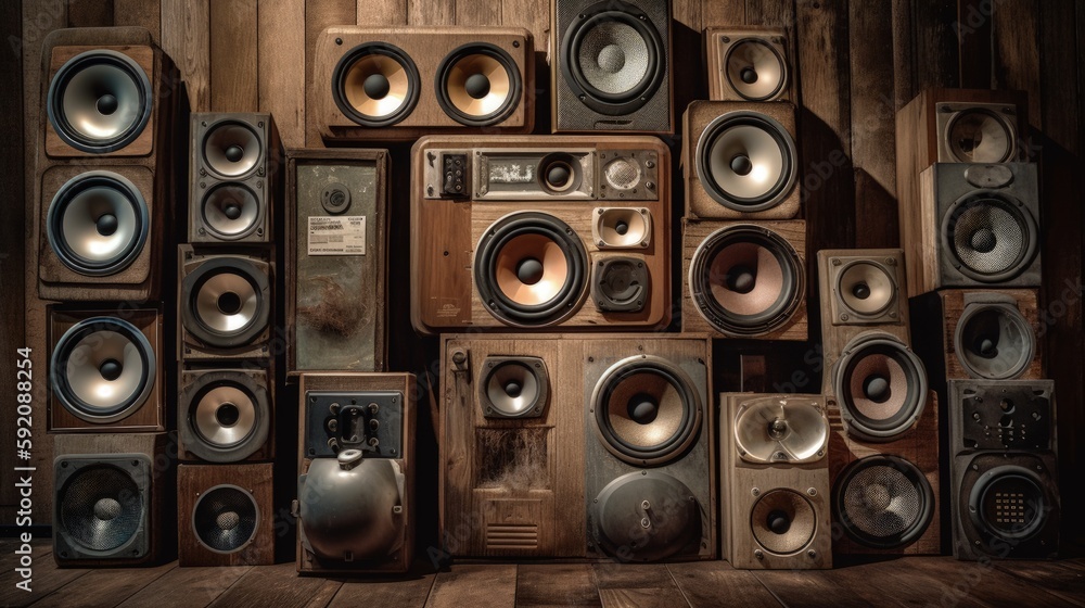 Obraz premium Old speaker wall, stack of vintage and retro style speakers, wooden speakers, Generative AI