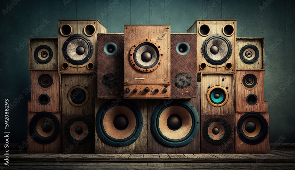 Obraz premium Old speaker wall, stack of vintage and retro style speakers, wooden speakers, Generative AI