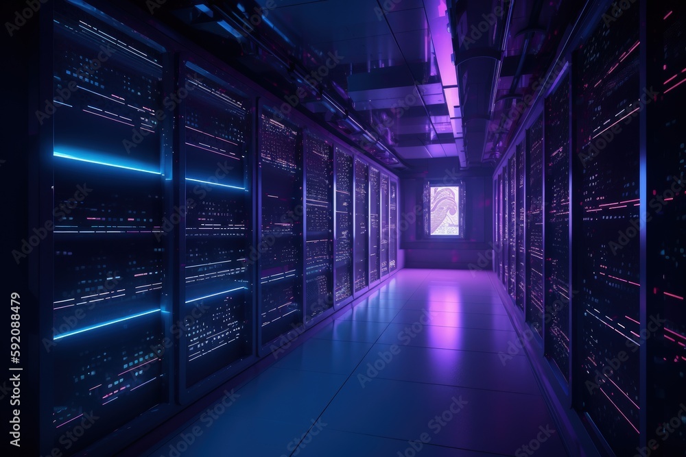 Data storage room with purple and blue lights, data center, server room, Generative AI