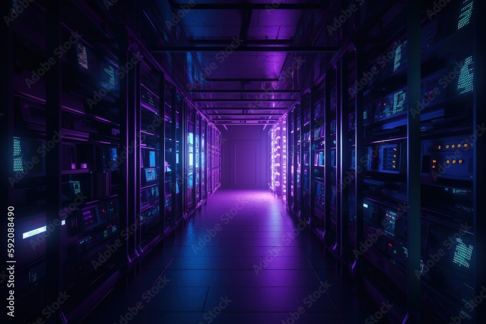 Data storage room with purple and blue lights, data center, server room