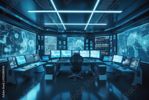 Control room with monitors, computers and desks, Command room, Generative AI photo