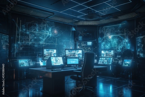 Wallpaper Mural Control room with monitors, computers and desks, Command room, Generative AI Torontodigital.ca