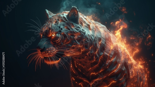 Close-up portrait of a tiger on a dark background with smoke.generative ai