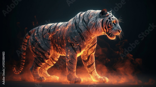 Close-up portrait of a tiger on a dark background with smoke.generative ai © S...