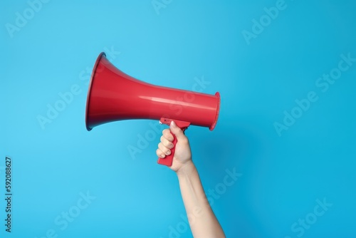 Hand with red megaphone isolated on blue background, Generative AI