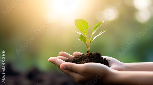 hand holding young plant on blur green nature background. concept eco earth day, earth day, generative ai