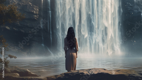 Beautiful woman in a long white dress in front of a waterfall.generative ai