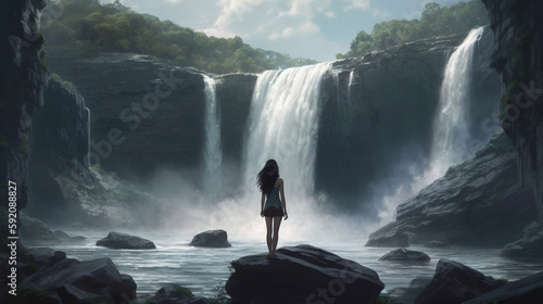Beautiful woman in a long white dress in front of a waterfall.generative ai