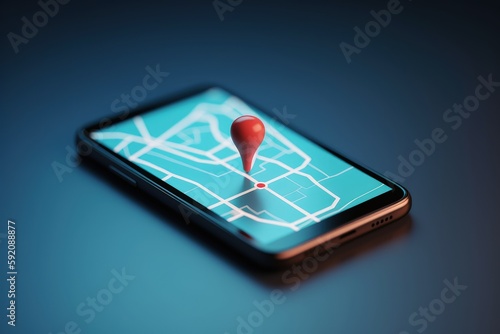 Cell phone with location icon, gps icon on mobile screen, blue background, Generative AI