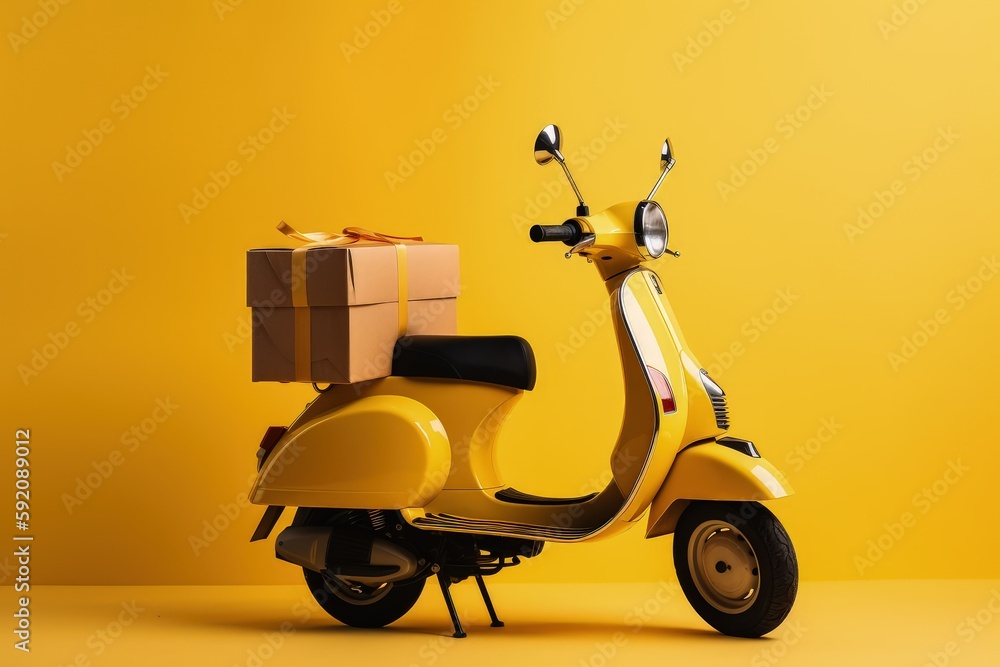 Delivery scooter with packages and cardboard boxes, yellow background, Generative AI