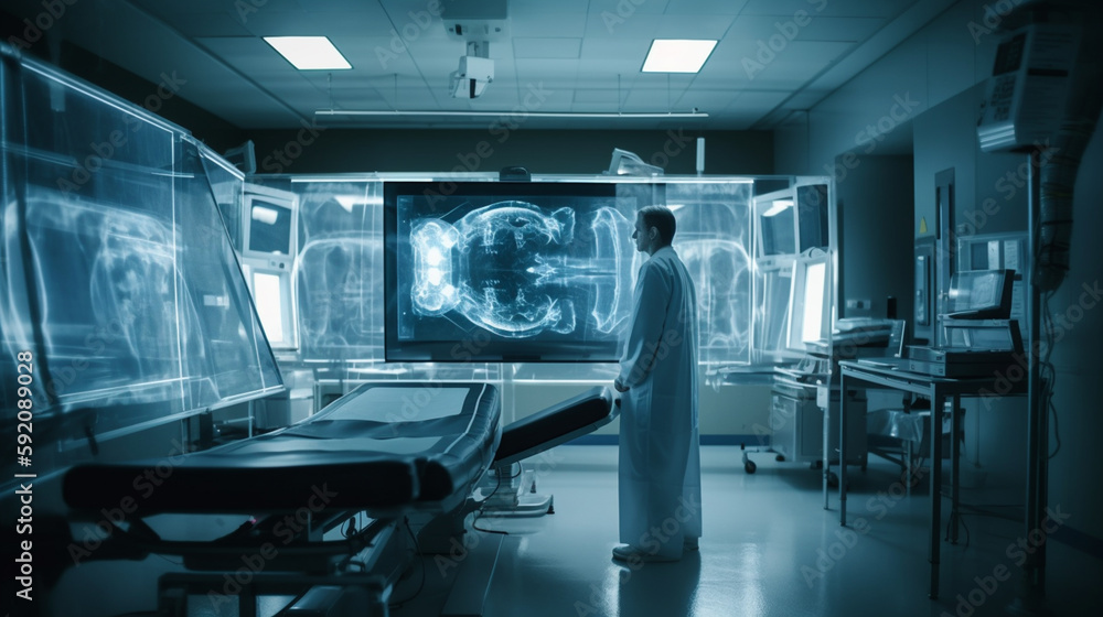x-ray machine and man in medical room.generative ai