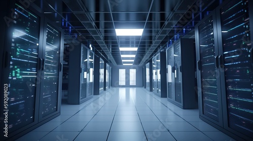 Pristine Server Room, Spotless White Floors, Walls, High-Tech Facility Generative AI