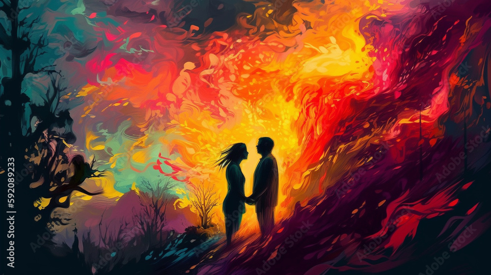 silhouette of a loving couple on a background of fire.generative ai