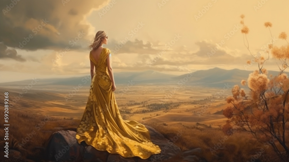 Beautiful girl in a long golden dress on the hills at sunset.generative ai