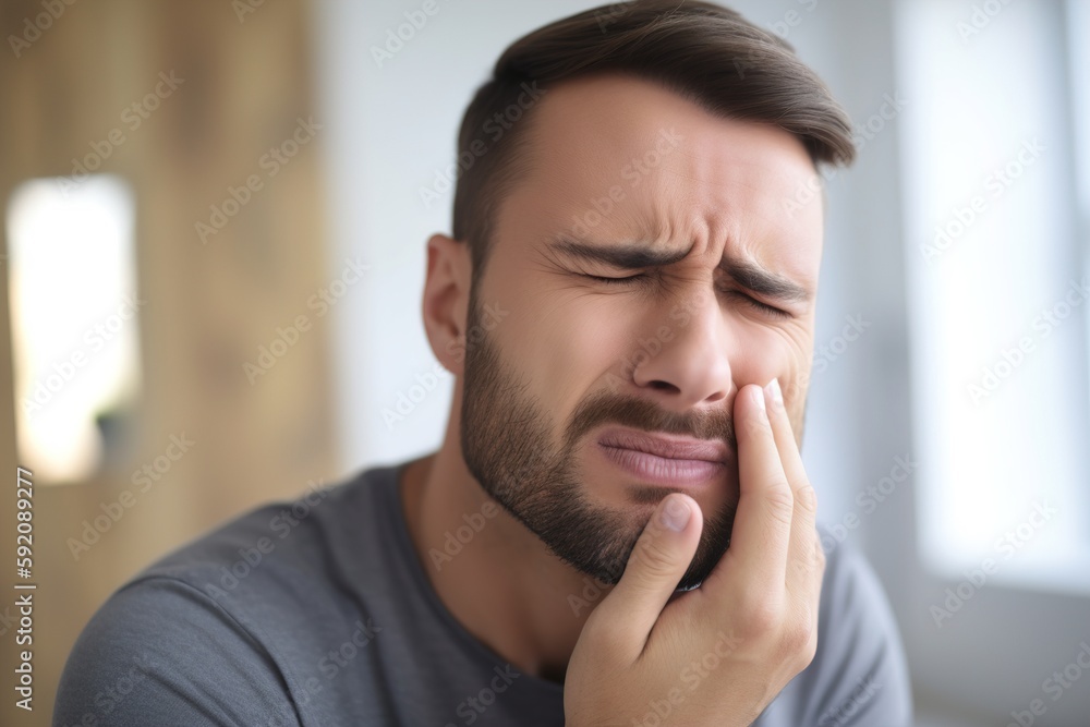 Upset man has unbearable toothache while at home. Generative Ai Upset man has unbearable toothache while at home. Generative Ai