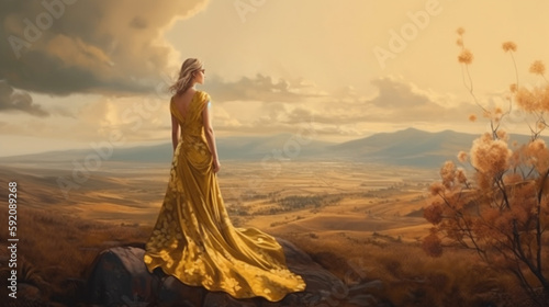 Beautiful girl in a long golden dress on the hills at sunset.generative ai
