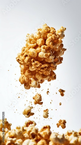 Flying caramalized popcorn isolated on a white background. Generative AI photo