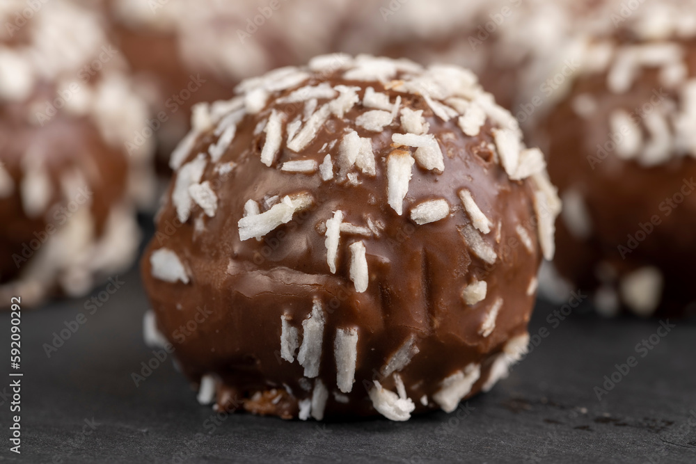 Chocolate candies in the form of balls with milk coconut Chocolate candies in the form of balls with milk coconut