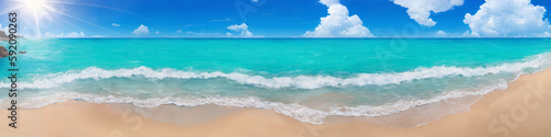 Panorama of ocean beach on a sunny day with waves crashing on the shore. Seascape illustration with sand beach  turquoise water  sun and sky with white clouds. Generative AI