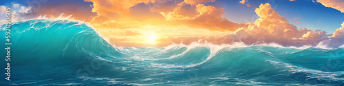 Panorama of ocean waves on a sunny day. Seascape illustration with stormy sea, turquoise water, sun and sky with clouds. Generative AI