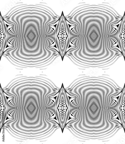 Ornate monochrome abstract geometric pattern from lines and moire grid effect. Monochrome vector seamless pattern for created background saver, business card, poster, wall panel, home decor.