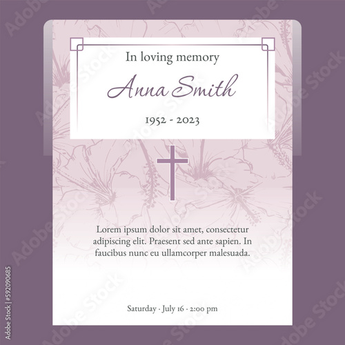 funeral card template with purple wine floral background illustration