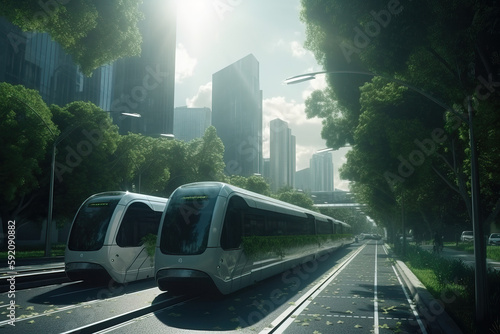 City trams, eco-friendly transportation, public transportation and green technology, Generative AI