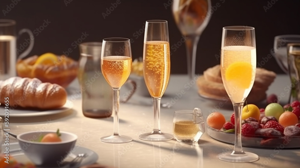 Glass of champagne with slices of orange and bread on table in restaurant.generative ai