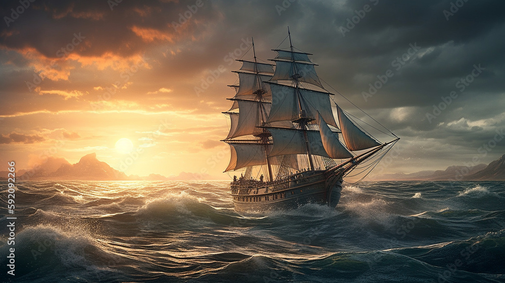 Sailing ship in the sea at sunset. 3d render illustration.generative  ai