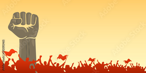 Crowd of protesters, raised human hand and flag, cheering people at protest or revolution, labor day background, copy space for text, hand