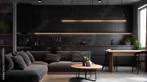Modern dark kitchen interior with black walls, wooden floor, gray countertops and cupboards.generative ai © S...