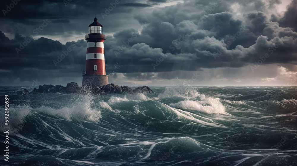 Lighthouse in the stormy sea.generative ai